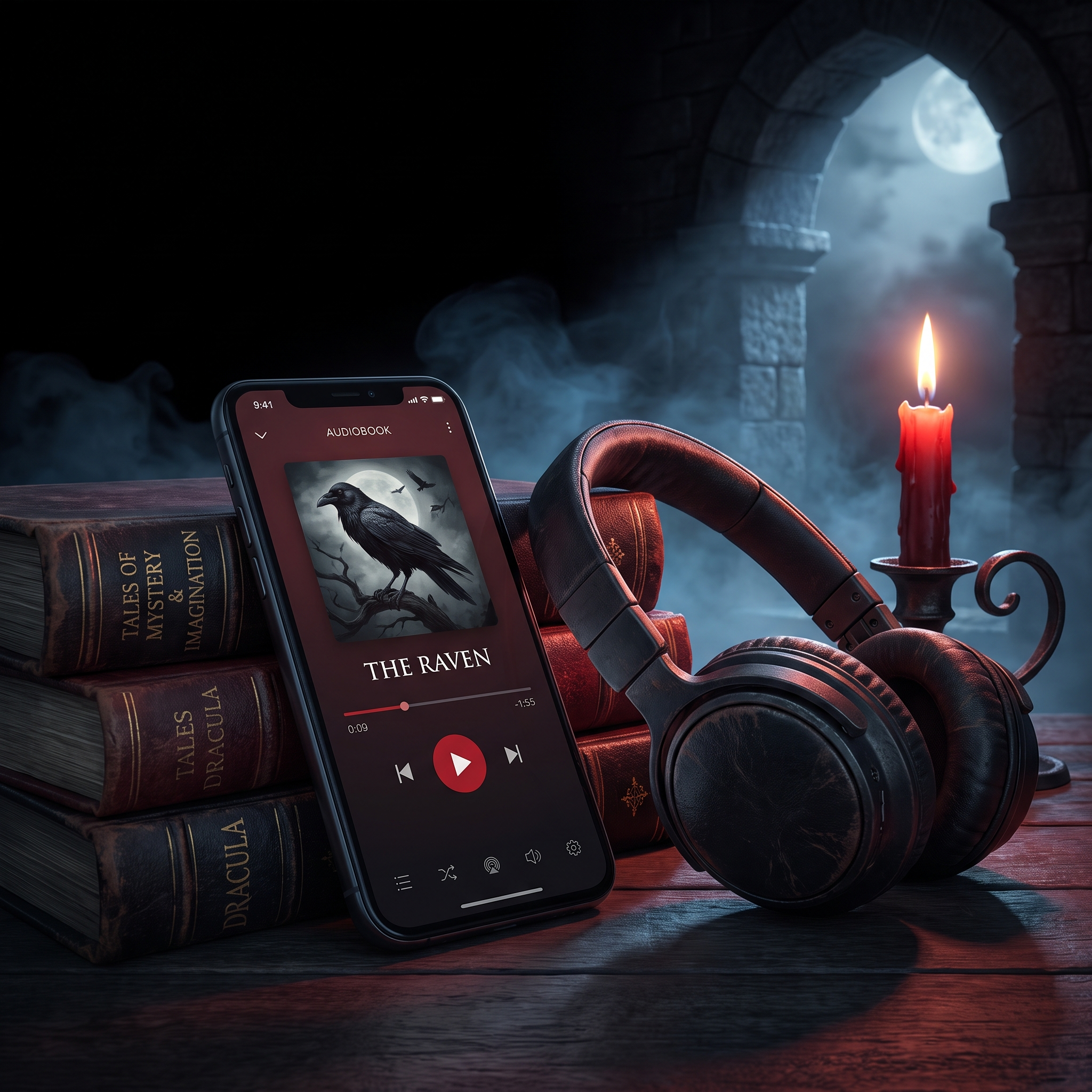 Master of Horror audiobook collection on a phone with headphones